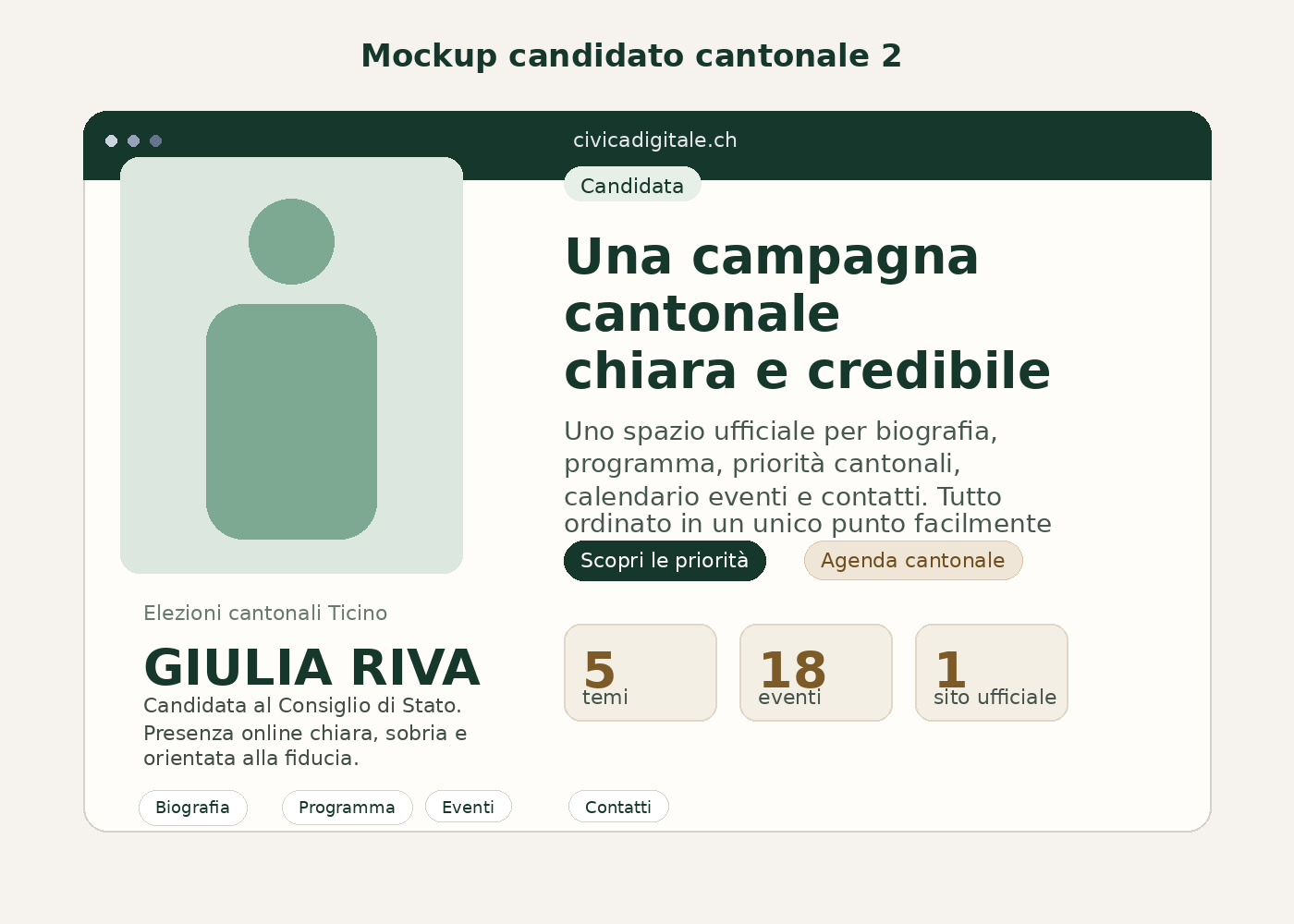 Mockup di sito elettorale editoriale per campagna cantonale in Ticino, con agenda e navigazione tematica su layout responsive.